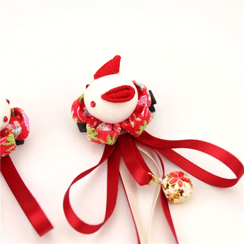 Kanzashi Hair Clips Flowers Red Rabbit Girls Maru-tsumami Kimono Yukata Outfit Headwear Ornaments Accesorry