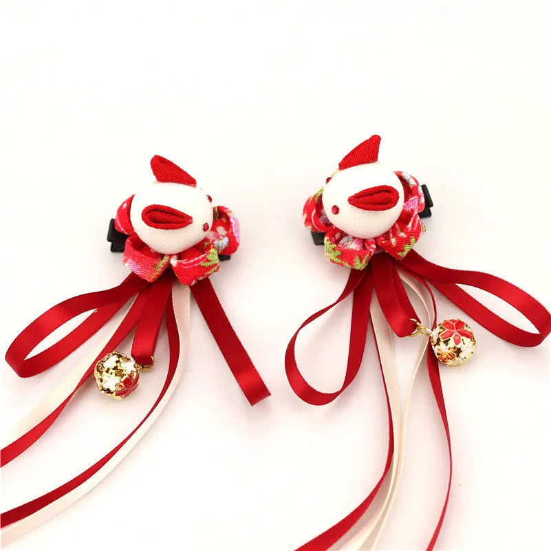 Kanzashi Hair Clips Flowers Red Rabbit Girls Maru-tsumami Kimono Yukata Outfit Headwear Ornaments Accesorry