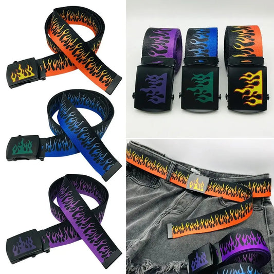 Unisex Flame Print Canvas Belt Fashion Hip Hop Automatic Buckle Simple Versatile Jeans Student Trend Belt Waistband