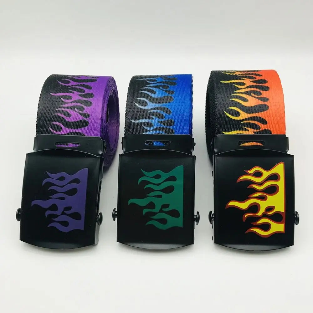 Unisex Flame Print Canvas Belt Fashion Hip Hop Automatic Buckle Simple Versatile Jeans Student Trend Belt Waistband