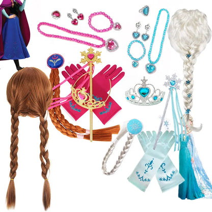 11PCS Elsa Party Cosplay Accessory Kit Snow Wig Tiara Braid Jewelry Gloves Girl Anna Dress up Costume Princess Headwear 3-12 Yrs