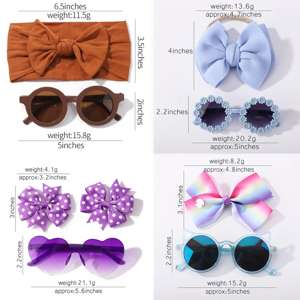 1Set Fashion Baby Hair Glasses Accessories Set Nylon Bows Headband for Newborn Girl Lovely Hairclips Babe Sunglasses Headwear