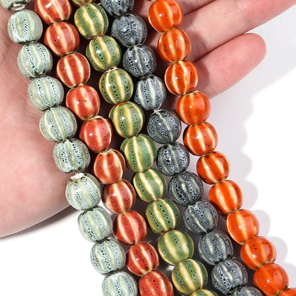 1 Strand Ceramic Stripe Pumpkin Beads Colorful Floral Glaze Beads for Jewelry Making DIY Loose Spacer Beads Accessories