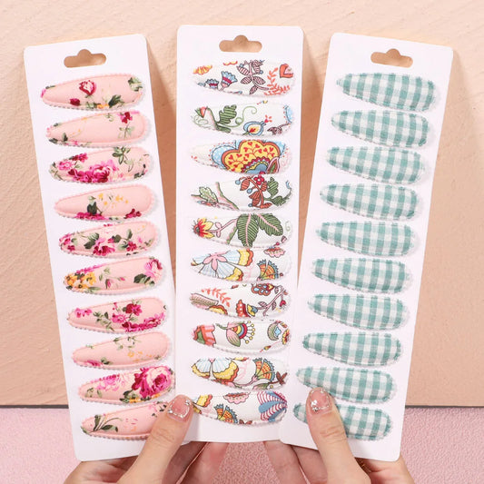 10Pcs/Lot Girls Printed Floral Cotton Basic Snap BB Clip Sweet Bobby Hairpin Plain Striped Handmade Hair Accessories Wholesale