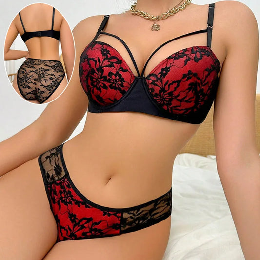 Viomisha Women Sexy Lace Lingerie Set Push Up Bra Female Brassiere Tow Hook-and-eye Embroidery Floral Underwear Panty 70B-85B