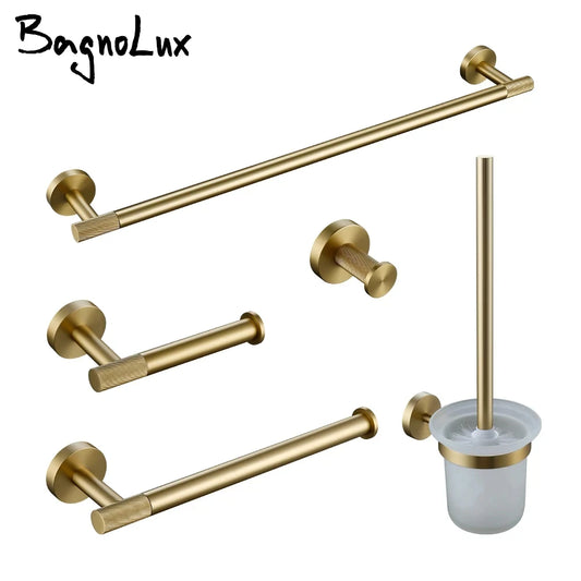 Bathroom Hardware Accessories Set Brushed Gold Knurled Brass Kit Towel Bar Ring Robe Hook Paper Holder Towel Ring Toilet Brush