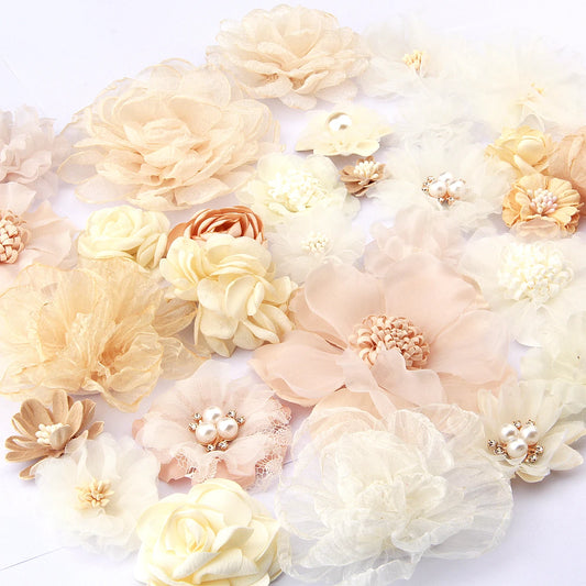 120Pcs Ivory Cream Series Camellia Rose Chiffon Craft Fabric Flowers For Headbands Hair Flower Accesorries Baby Headwear